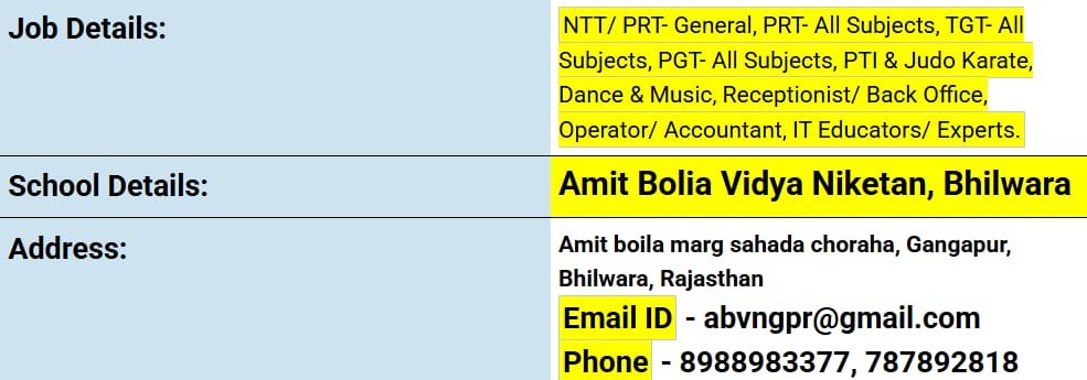School Jobs at  Amit Bolia Vidya Niketan ,  Bhilwara